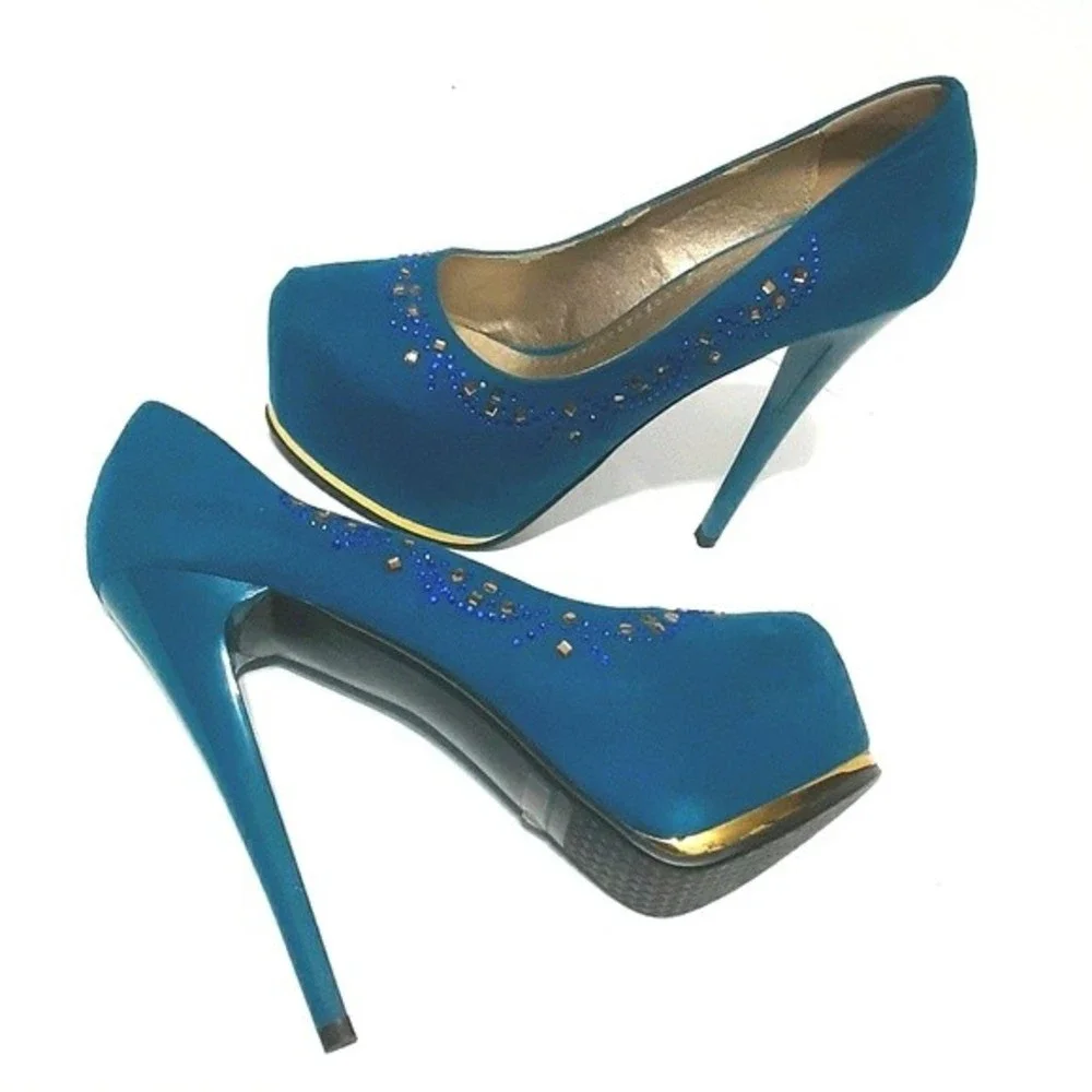 Memorata Celine Sapphire Blue Bejeweled Ultra High Stiletto Platform Heels US 6